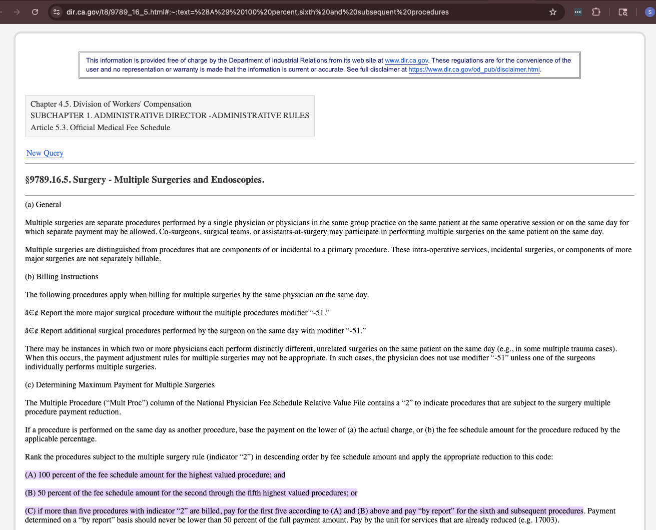 Regulatory source document open on state website with applicable fee schedule rule highlighted